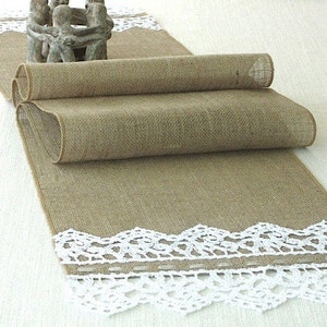 Burlap table runner with hand crouched white lace wedding table runner table decor handmade in the USA, Ready to ship image 1