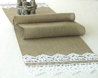 Burlap table runner with hand crouched  white lace wedding table runner table decor handmade in the USA, Ready to ship