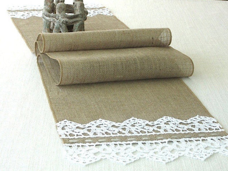 Burlap table runner with hand crouched white lace wedding table runner table decor handmade in the USA, Ready to ship image 1