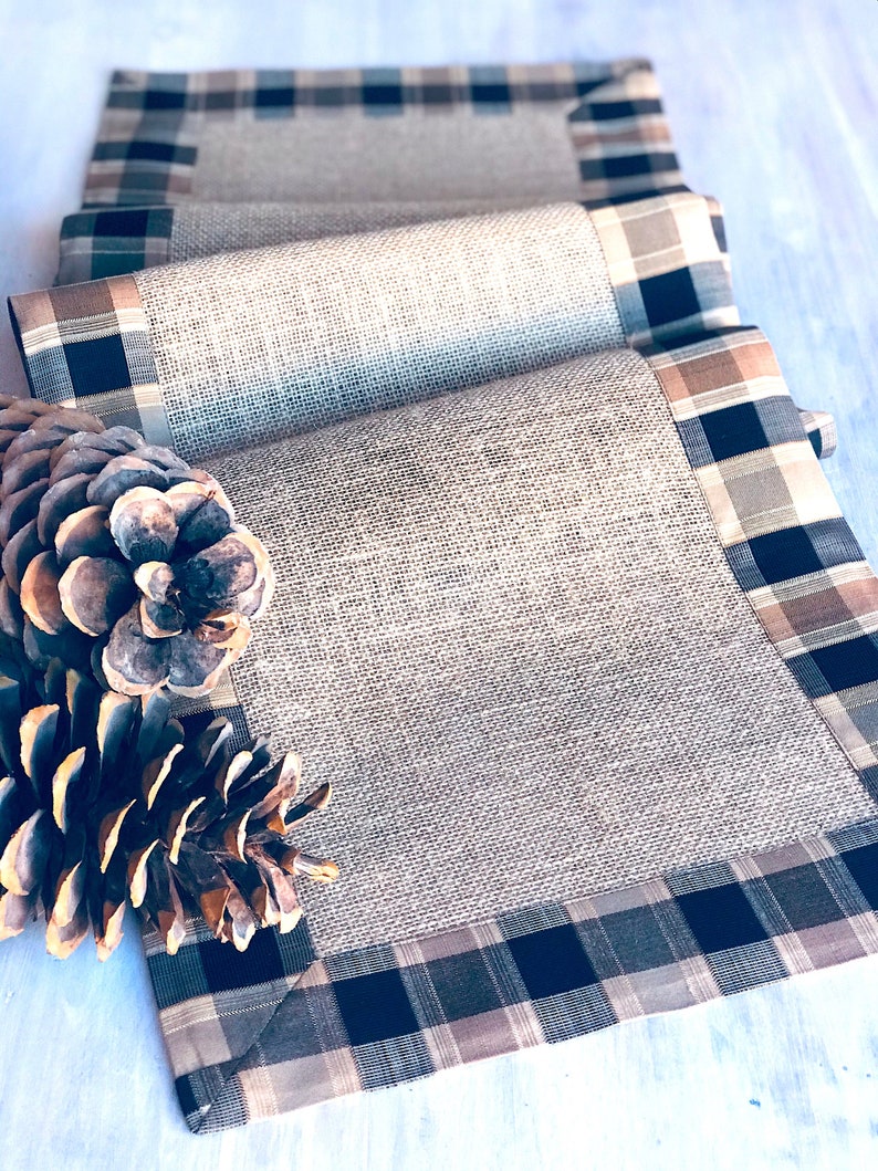 Pine Cabin Rustic Table Runner Farmhouse Linens Burlap Runner Rustic Wedding Decor Country Plaid Checkers Table Topper image 3