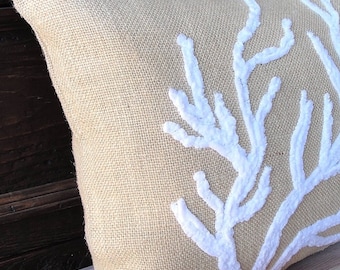 Deep Sea White Coral on Oyster Burlap Embroidered Pillow Cover | Lake House Farmhouse Decor
