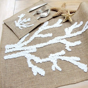 Summer table runner with white coral Beach wedding table decor Rustic wedding decoration Nautical wedding decor. Burlap table runner