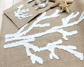 Summer table runner with white coral Beach wedding table decor Rustic wedding decoration Nautical wedding decor. Burlap table runner