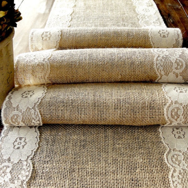 Natural Burlap Table Runner Wedding Table Runner with country cream lace rustic wedding party linens , handmade in the USA