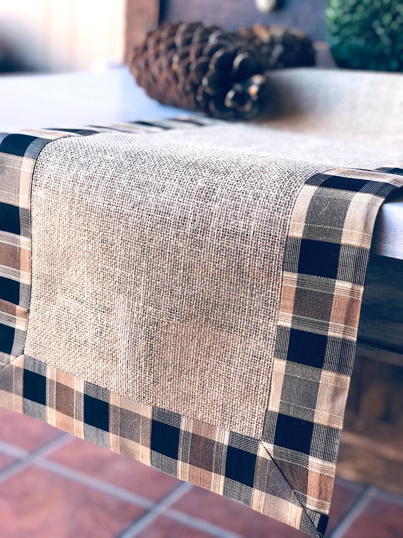 Pine Cabin Rustic Table Runner Farmhouse Linens Burlap Runner Rustic Wedding Decor Country Plaid Checkers Table Topper image 7