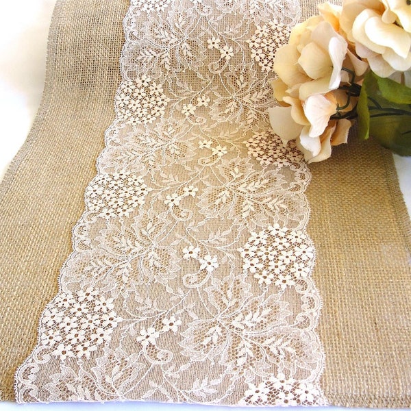 Rustic Wedding Table Runner Ivory Lace Table Runner Party Table Linens Vintage Wedding Table Decor Burlap Table Runner