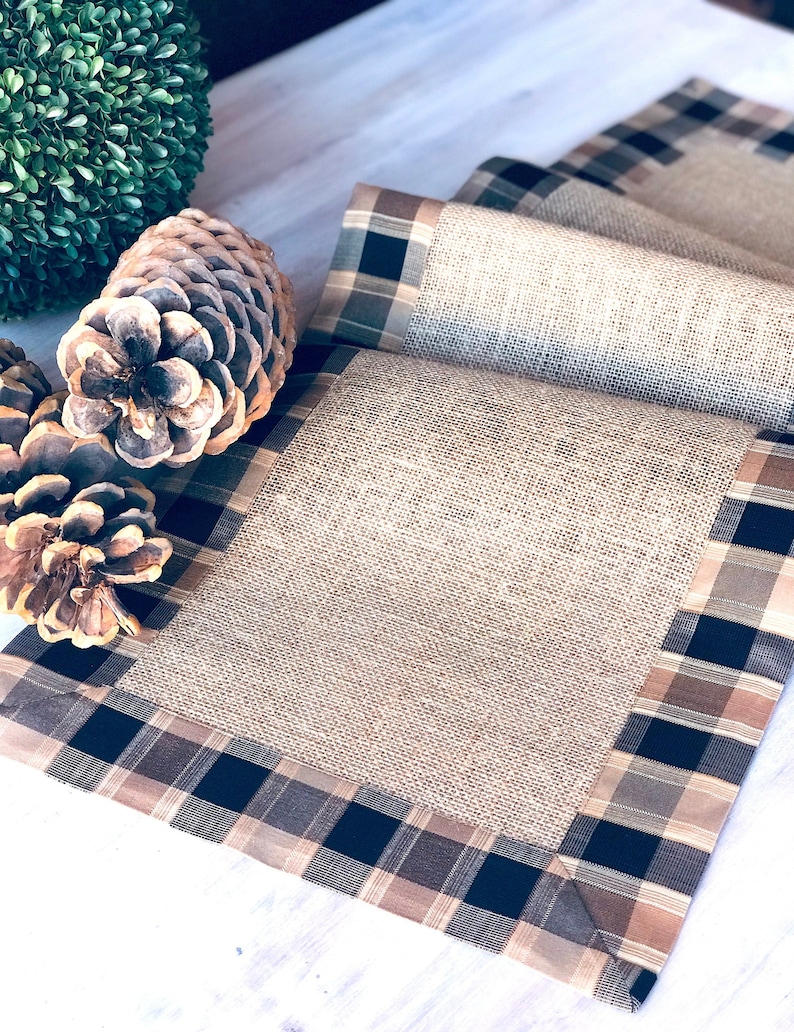 Pine Cabin Rustic Table Runner Farmhouse Linens Burlap Runner Rustic Wedding Decor Country Plaid Checkers Table Topper image 2
