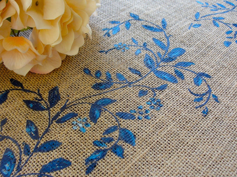 Jute / Burlap Table Runner French Country Decor Wedding Linens, Vintage Wedding Table Runner with Blue Flowers Farmhouse Decor image 7