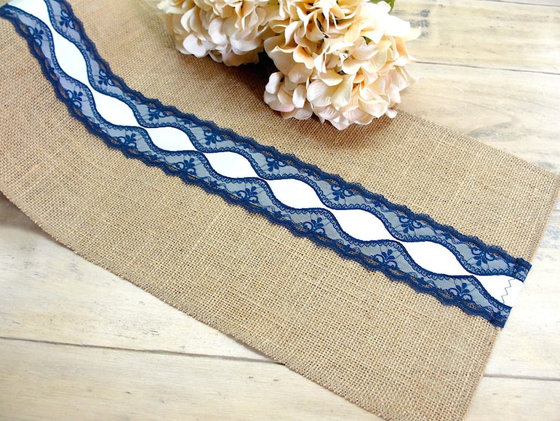 navy runners Wedding table runner Burlap table runner vintage burlap and lace table linens rustic wedding linens