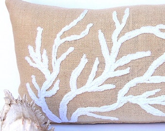 Coral Pillow - Sea life Nautical Home Decor - White Embroidery on Oyster - Beach House Burlap Pillow - Rustic Decorative Farmhouse Pillow