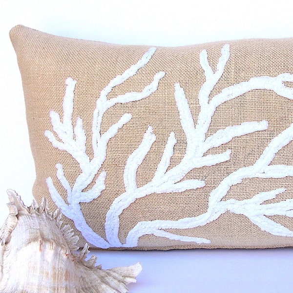 Coral Pillow - Sea life Nautical Home Decor - White Embroidery on Oyster - Beach House Burlap Pillow - Rustic Decorative Farmhouse Pillow