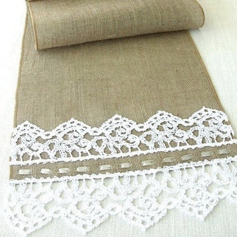 Burlap table runner with hand crouched white lace wedding table runner table decor handmade in the USA, Ready to ship image 2