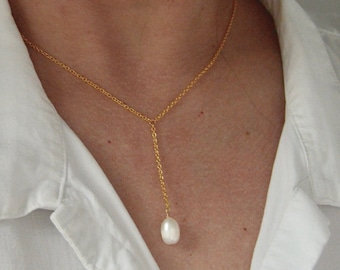 Gold Y Necklace, Lariat Necklace, Gift for Her, Pearl Necklace, Dainty Necklace