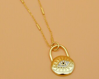 Gold Evil Eye Necklace, Protection Gift for Her, Dainty, Minimalist, Lock, Cubic Zirconia