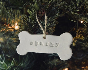 Custom Dog Name Ornament, Pet Name Ornament, Dog Bone Ornament, Christmas Ornament, Clay Ornament