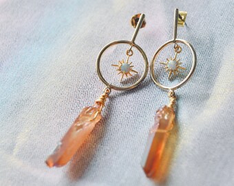 Opal Dangle Earrings, Star Titanium Quartz Dangle Earrings, Star Earrings, Healing Crystal Earrings, Boho Earrings, Stone Earrings