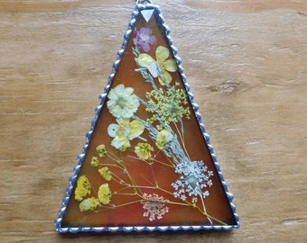 Dried Flowers Encased Between Clear Beveled Glass & Stained Glass, Orangish Glass on Back, Suncatcher, Decorative Solder, Gift