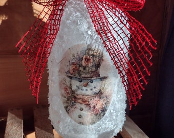 Decoupaged Recycled Bottle Night Light, Christmas Snowman, Fairy Lights, One of a Kind, Gift, Snowman on Both Sides