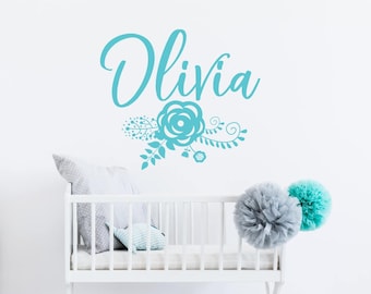Nursery Flower Monogram with Name - Vinyl Text Wall Art Custom Home Decor