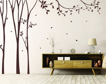 Trees Wall Decal With Falling Leaves - Custom Home Decor Vinyl Art