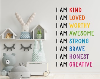 I AM - Affirmation - I Am Kind. Loved. Worthy. Awesome Strong. Brave. Honest. Creative.  Wall Decal Quote - Vinyl Words