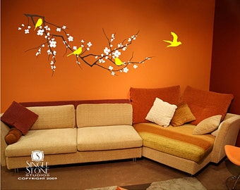 Cherry Blossom Wall Decals Tree Branch with Birds - Vinyl Wall Art Sticker Custom Home Decor
