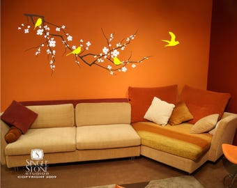 Cherry Blossom Branch Wall Decals: Vinyl Bird Art
