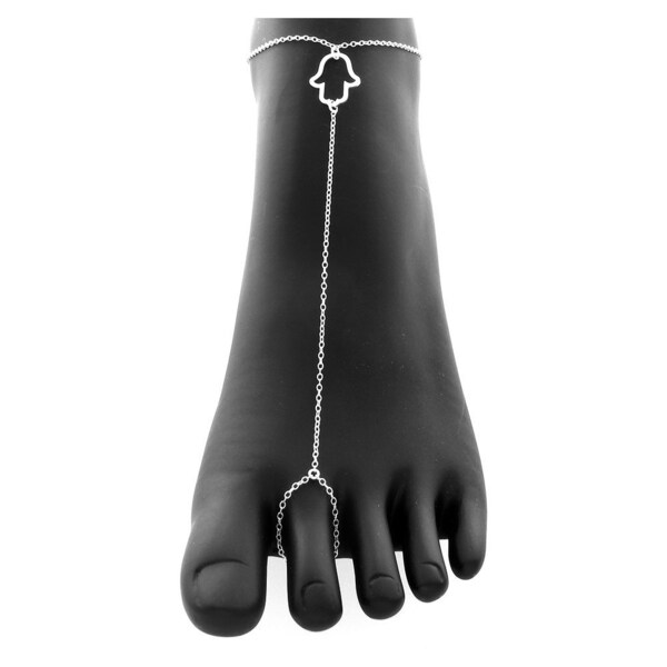 Outline Hamsa Hand of Fatima Jewish and Muslim Good Luck Amulet Religious Toe Ring Anklet 925 Sterling Silver  A0528S