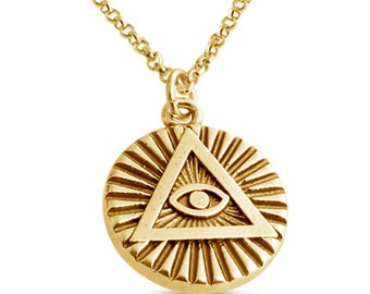 Illuminati Circle All Seeing Eye Charm Pendant Necklace #14K Gold Plated over 925 Sterling Silver  N0596G