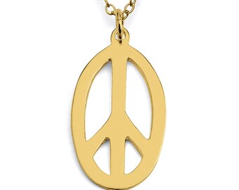 Oval Peace Sign Hippie Symbol Charm Pendant Necklace #14K Gold Plated over 925 Sterling Silver  N0035G