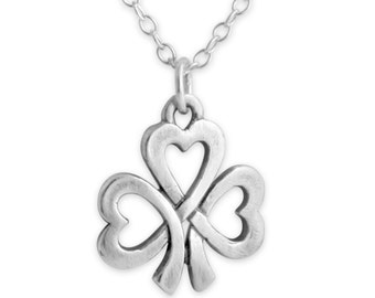 Open Hearts of Shamrock 3 Leaf Love Clover Plant Symbol of Ireland Irish Lucky Charm Pendant Necklace 925 Sterling Silver  N0141S