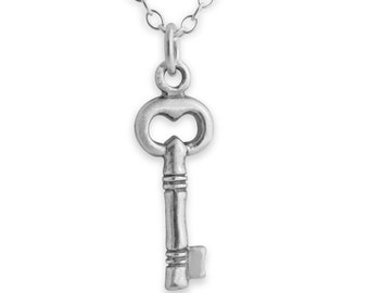 3D Tiny Skeleton Key Protection Amulet Vintage Style Charm Pendant Necklace 925 Sterling Silver  N0222S