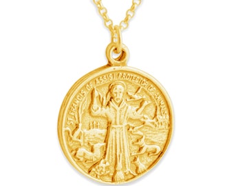 St. Francis of Assisi Pendant Necklace 14K Gold Plated Vermeil Hypoallergenic over 925 Sterling Silver Fashion and Vintage Medallion N0250G