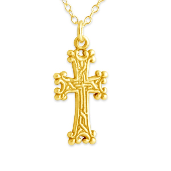 6 Budded Armenian Cross Khachkar Siroun Christian Religious Charm Pendant Necklace #14K Gold Plated over 925 Sterling Silver  N0233G