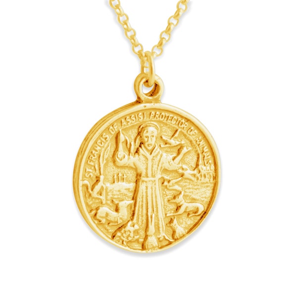 St. Francis of Assisi Pendant Necklace 14K Gold Plated Vermeil Hypoallergenic over 925 Sterling Silver Fashion and Vintage Medallion N0250G