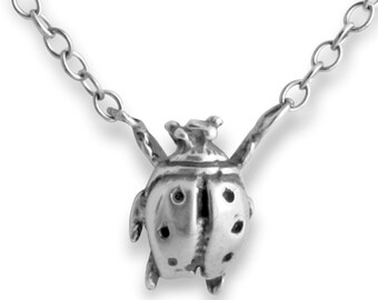3D Tiny Ladybug Ladybird Lady Beetle Bug Flying Insect Good Luck Charm Pendant Jump Ring Necklace 925 Sterling Silver  N0417S