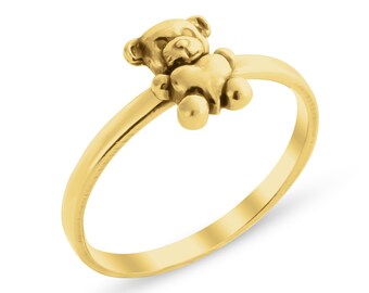 Sweet Teddy Bear with Heart Kid's Stuffed Animal Toy Romantic Love Stackable Ring #14K Gold Plated over 925 Sterling Silver  R0537G