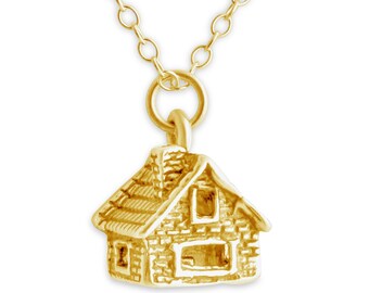 3D Log Cabin Home Family Vacation House Cottage Building Charm Pendant Necklace #14K Gold Plated over 925 Sterling Silver  N0087G