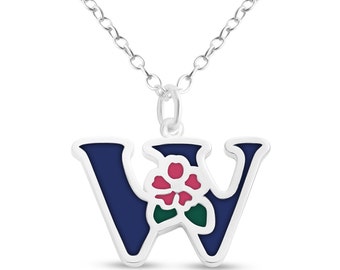 Blue Enameled Initial Letter W with Flower Multi Colors Charm Pendant Necklace 925 Sterling Silver New Year N0854S_W_V1