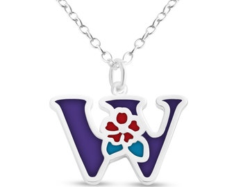 Purple Enameled Initial Letter W with Flower Multi Colors Charm Pendant Necklace 925 Sterling Silver New Year N0854S_W_V3