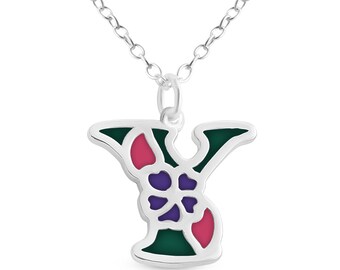 Green Enameled Initial Letter Y with Flower Multi Colors Charm Pendant Necklace 925 Sterling Silver New Year N0854S_Y_V2