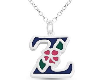 Blue Enameled Initial Letter Z with Flower Multi Colors Charm Pendant Necklace 925 Sterling Silver New Year N0854S_Z_V1