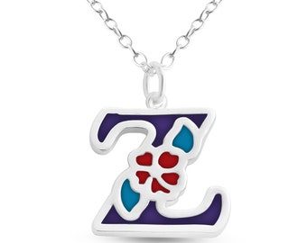 Purple Enameled Initial Letter Z with Flower Multi Colors Charm Pendant Necklace 925 Sterling Silver New Year N0854S_Z_V3