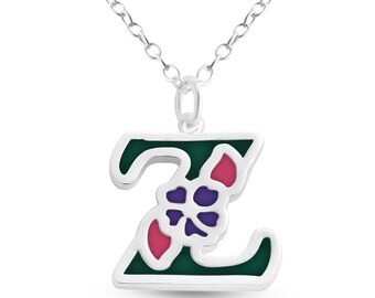 Green Enameled Initial Letter Z with Flower Multi Colors Charm Pendant Necklace 925 Sterling Silver New Year N0854S_Z_V2