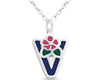 Blue Enameled Initial Letter V with Flower Multi Colors Charm Pendant Necklace 925 Sterling Silver New Year N0854S_V_V1