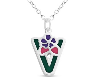 Green Enameled Initial Letter V with Flower Multi Colors Charm Pendant Necklace 925 Sterling Silver New Year N0854S_V_V2