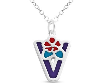 Purple Enameled Initial Letter V with Flower Multi Colors Charm Pendant Necklace 925 Sterling Silver New Year N0854S_V_V3