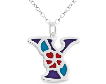 Purple Enameled Initial Letter Y with Flower Multi Colors Charm Pendant Necklace 925 Sterling Silver New Year N0854S_Y_V3