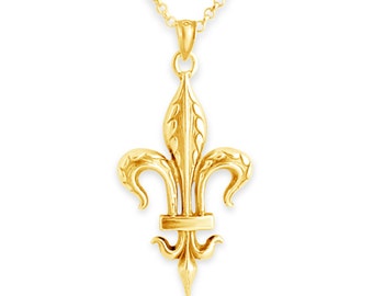 Large Fleur de Lis French Lily Flower Double Sided Charm Pendant Necklace #14K Gold Plated over 925 Sterling Silver  N0241G