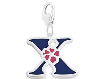 Enameled Initial Letter X with Flower Multi Colors Charm Pendant with a Lobster Claw Clasp #925 Sterling Silver #Azaggi P0854S_X_pc